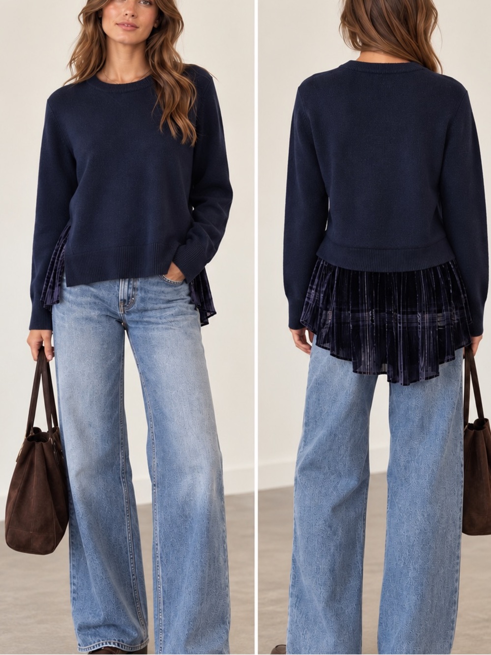 Elie Tahari Navy 100% Merino Wool Sweater Plaid Silk Pleated Tail Layer Size Med